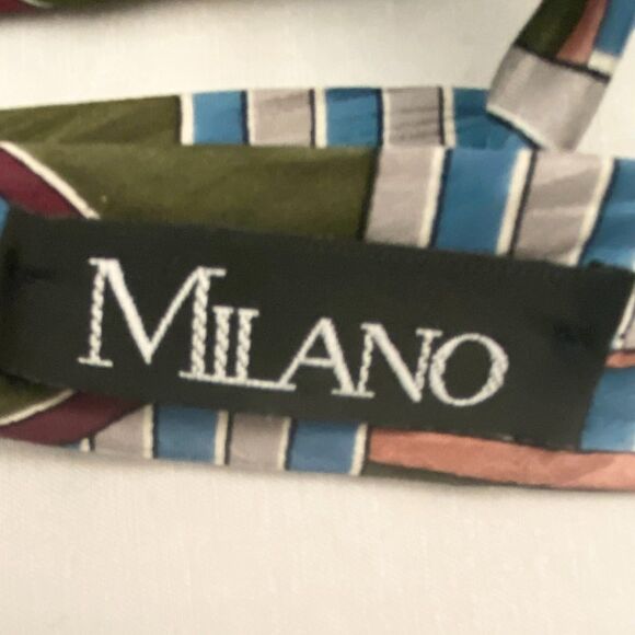 Milano Silk Neck Tie Multicolor Geometric Diagonal Triangles Horizontal Stripes - Picture 5 of 6